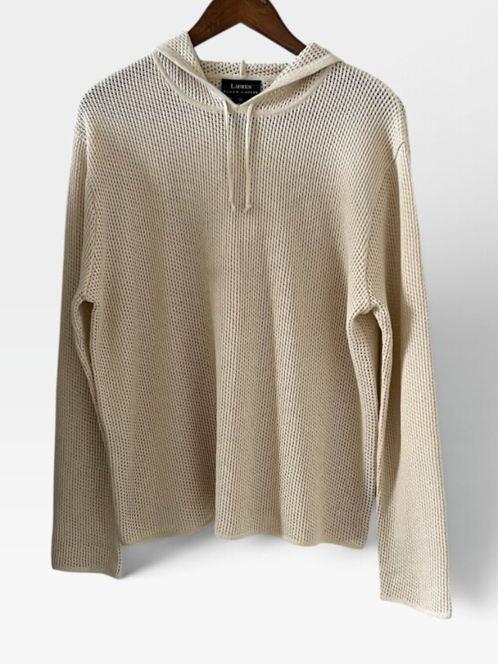 Lauren Ralph Lauren Linen Blend Open Knit Hooded Sweater In Cream Size XL